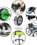 Collage showing rubber sealed ball bearings used in wheelchairs, rollerblades, strollers, skateboards, office chairs, and exercise equipment.
