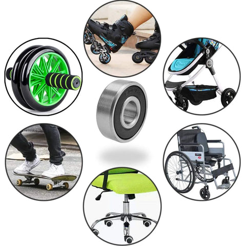 Collage showing rubber sealed ball bearings used in wheelchairs, rollerblades, strollers, skateboards, office chairs, and exercise equipment.
