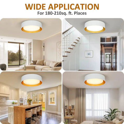 Super Versatile Dimmable Round Led Flush Mount Ceiling Light 15 Inch Fixture In Matte White With Gold Inside in various rooms