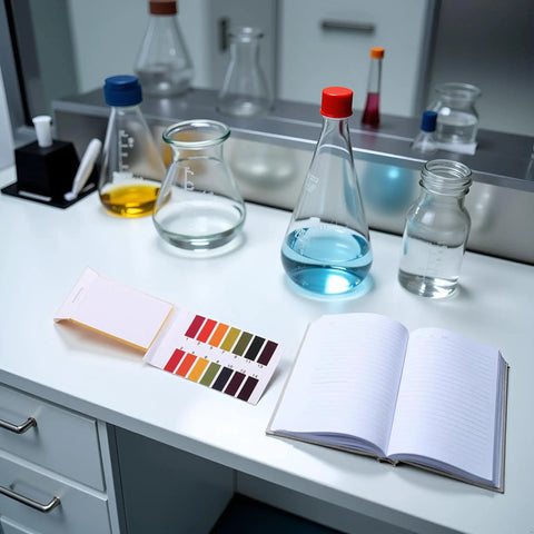 80 Count Litmus Test Strips pH Paper 1 to 14 For Water, Soil, Cosmetics and Lab Use displayed with lab equipment on a table.