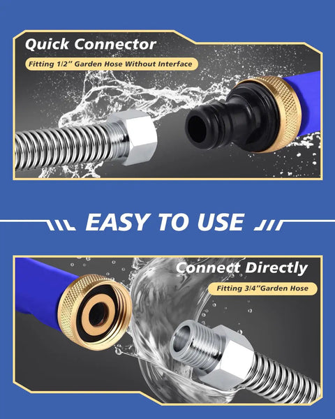 Close-up of Upgraded 2 In 1 High Pressure Wand Kit connectors for 1/2" and 3/4" garden hoses, highlighting metal and brass fittings.