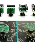 DIP8 To SOP8 Adapter For SMT SOIC8 Socket 8 Pin To 8 Pin Converter PCB shown with IC sockets and mounted on circuit board.