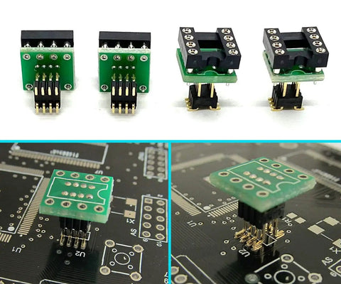 DIP8 To SOP8 Adapter For SMT SOIC8 Socket 8 Pin To 8 Pin Converter PCB shown with IC sockets and mounted on circuit board.