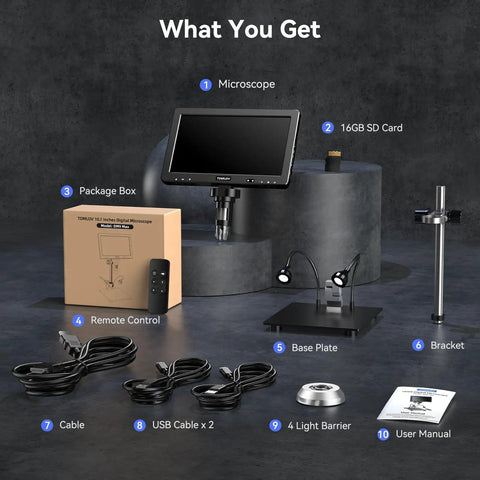 20MP Digital Microscope With 10 Point One Inch HD IPS Screen Go To Gear For Coins Stamps Jewelry And DIY Repairs LCD Soldering Microscope For Adults 10 LED Lights PC And TV Compatible 16GB, with included stand, remote, cables, and manual