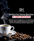 Handcrafted Italian 16 Cup Lever Espresso Machine Featuring Chrome Copper Body And Rosewood Handles Dual Frothing System A Straight Up Kitchen Showstopper For Smooth Morning Pulls with steaming coffee cup and coffee beans.