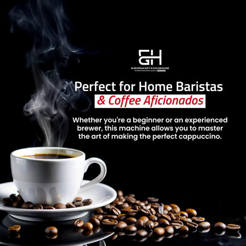 Handcrafted Italian 16 Cup Lever Espresso Machine Featuring Chrome Copper Body And Rosewood Handles Dual Frothing System A Straight Up Kitchen Showstopper For Smooth Morning Pulls with steaming coffee cup and coffee beans.