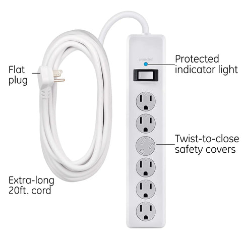 Must-Have Six-Outlet Surge Protector Power Strip 2 Pack With 20 Ft Extension Cord 800 Joules Flat Plug Twist-To-Close Safety Covers