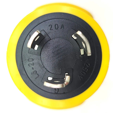 Badass Ev Charge Adapter Nema L6-20p To 14-50r Twist Lock Plug, 20 Amp 250 Volt Copper Connection, round black and yellow L6-20p plug.