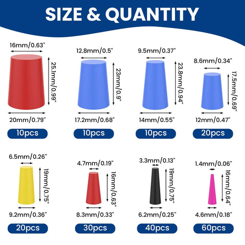 Top Grade 200 Pc Silicone Rubber Tapered Plug Kit With 8 Sizes Ranging From 1/16 Inch To 5/8 Inch Ideal Versatile Stopper Set For Any Project Or Diy Fixin Around The House And Garage Today. size chart of silicone rubber tapered plugs, 8 sizes and piece counts