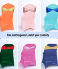 Six banquet chair covers with metallic sashes in orange-gold, pink-rose, teal-blue, green-red, magenta-pink, navy-yellow