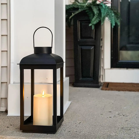 Outdoor Solar Powered Lantern With Flickering LED Candle For Porch Garden And Patio, 15 Inch Tall Black Metal Open Frame No Glass, Dusk To Dawn Auto On, Large Dope Vibe Outdoor Light For Nighttime Ambience