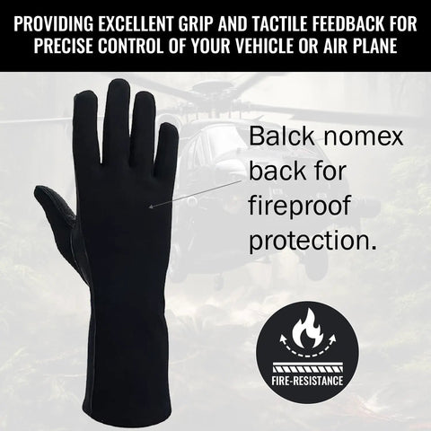 Black gloves with balck nomex back for fireproof protection and superior grip, shown against a helicopter backdrop.