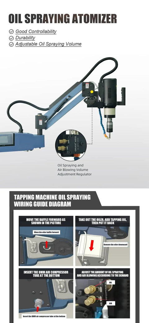 Versatile Electric Tapping Machine With Auto Oil Spraying System And Flexible 360 Degree Head showing oil spraying atomizer adjustment.