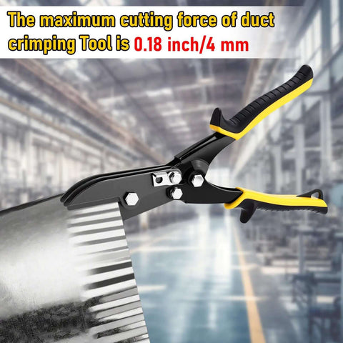 2-Piece 5-Blade Hand Crimper For Sheet Metal And Gutter with ergonomic grip and yellow accents, in industrial setting