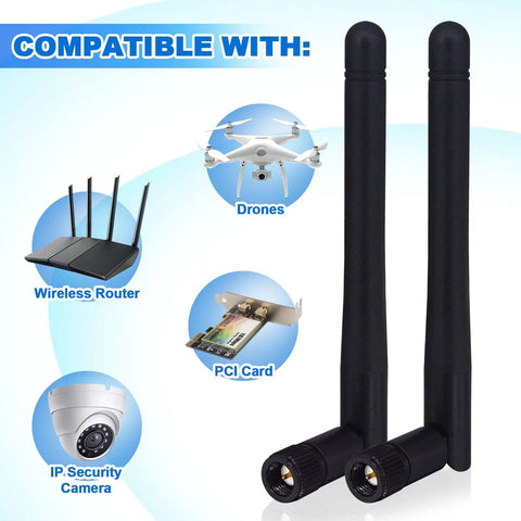 Dual long antennas compatible with drones, wireless routers, PCI cards, and IP security cameras, showing versatile connectivity options.