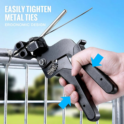 Hand using Stainless Steel Cable Tie Gun Kit With 200 Metal Zip Ties In Two Sizes And Tensioning And Cutting Tool