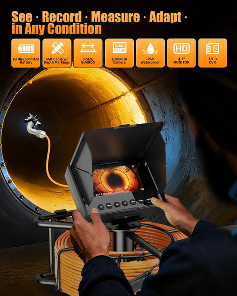 100ft Drain Camera Kit With Four Point Three Inch Screen And 23mm 1080P Probe, 8500mAh Battery, 32GB Recording, IP68 Waterproof Endoscope For Pros And Industrial Pipe Inspections, Night Vision, 12 LED Lights; drain pipe inspection view