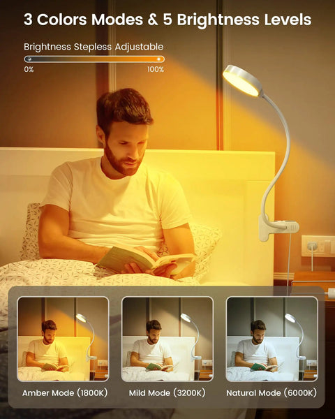 Man reading in bed with Clip On LED Reading Light for Bed with 36 LEDs highlighting adjustable color temperatures and brightness levels