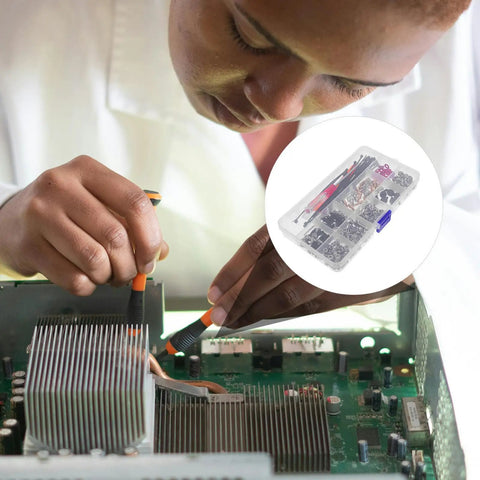 332 Piece Machine Screw Set With Iron Nickel Plating for PC case repairs, shown during installation in a desktop.