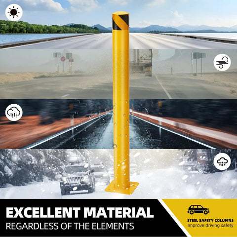 4 Pack 42 Inch Steel Safety Bollard Posts, Built Tough Heavy Duty Barrier, Bright Yellow High Visibility shown in various weather conditions.