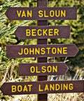 Wooden directional signs with names crafted using 2.25 Inch Router Letter Template Set With 99 Interlocking Pieces State Park Font