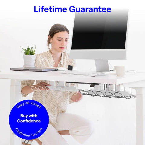 Under Desk Cable Organizer Tray With No Drill Clamp Tool Free Cord Management System visible in use under a modern white desk setup.
