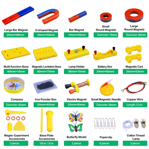 Electromagnetism Magnet Experiment Kit For Curious Minds With Bar Ring And Horseshoe Magnets, Compass And Electromagnet Build Fifteen Plus Cool Hands On Experiments Step By Step Manual Fun And Easy Science Gift For Students And Teens components displayed including magnets, compass, and electromagnet parts.