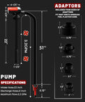 USB Charged Electric Fuel Transfer Pump For Gas Cans And Jugs with auto shut off nozzle, 22-inch intake, 51-inch discharge hose, adaptors shown