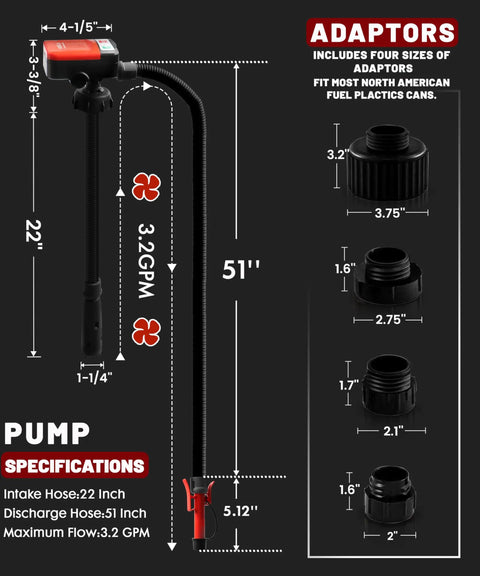USB Charged Electric Fuel Transfer Pump For Gas Cans And Jugs with auto shut off nozzle, 22-inch intake, 51-inch discharge hose, adaptors shown