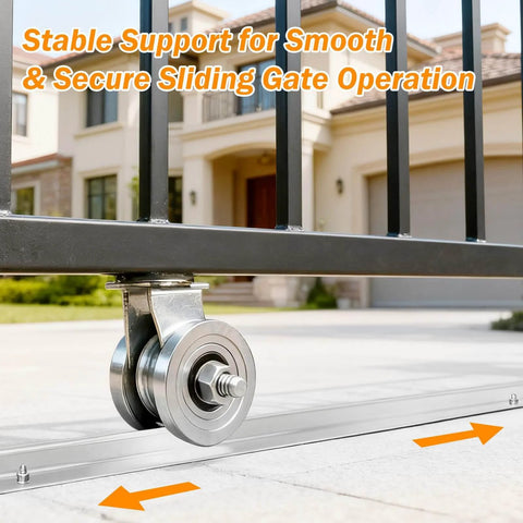 Heavy Duty 12 Foot V Track For Sliding Gates In Galvanized Steel Inverted V Groove Rail with rolling gate installed on a driveway.