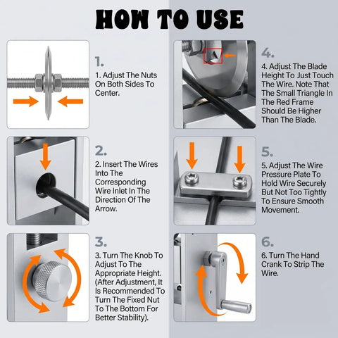 Instructions for using 2 Pack Replacement Blades For Manual Wire Stripper 35Mm OD And 16Mm ID including adjustment steps.
