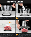 Instructions for using Three Speed Electric Food Processor With Meat Grinder And Veggie Chopper in glass bowl step by step.