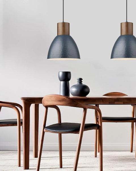 Hammered Pendant Light For Kitchen Island With 10.2 Inch Wide Solid Wood Bar Lamp Dope Industrial Pendant Lighting For Dining Room Bedroom Bar Office Modern Blue FSC Certified Wood