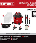 Beast Mode Power 16 Gallon Wet Dry Vac With 6.5 Peak HP, Heavy Duty Shop Vacuum with filter, dust bags, hose, and attachments shown