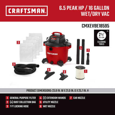 Beast Mode Power 16 Gallon Wet Dry Vac With 6.5 Peak HP, Heavy Duty Shop Vacuum with filter, dust bags, hose, and attachments shown