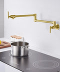 Gold Pot Filler Faucet Wall Mount Brass Kitchen Folding Faucet With Double Joint Swing Arms And Two Handle Design over stove