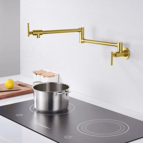 Gold Pot Filler Faucet Wall Mount Brass Kitchen Folding Faucet With Double Joint Swing Arms And Two Handle Design over stove