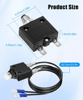 3 Amp Resettable Circuit Breaker Push Button Switch With 18 Awg Lead Wires Hex Nut Mount size dimensions displayed on a light blue background.