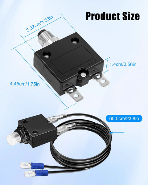 3 Amp Resettable Circuit Breaker Push Button Switch With 18 Awg Lead Wires Hex Nut Mount size dimensions displayed on a light blue background.