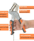 Hand holding Grommet Tool Kit With 200 Pcs 3/8 Inch Silver Grommets Magnetic Hand Press Punching Tool highlighting features and ergonomic handle.
