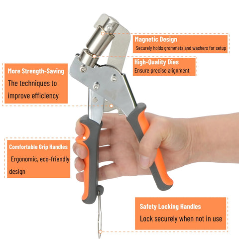 Hand holding Grommet Tool Kit With 200 Pcs 3/8 Inch Silver Grommets Magnetic Hand Press Punching Tool highlighting features and ergonomic handle.