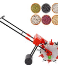 Seed Spreader Garden Push Seeder With 6 Nozzles And Roller for Efficient Planting next to bowls of beans and seeds