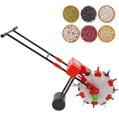 Seed Spreader Garden Push Seeder With 6 Nozzles And Roller for Efficient Planting next to bowls of beans and seeds