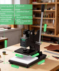 Small Leather Die Cutting Machine With 1 Ton Pressure And 18 Piece Die Set on desk, shown with measurements and lever handle for DIY crafting.