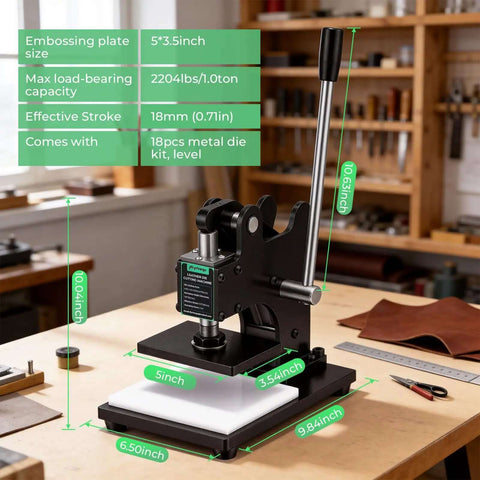 Small Leather Die Cutting Machine With 1 Ton Pressure And 18 Piece Die Set on desk, shown with measurements and lever handle for DIY crafting.