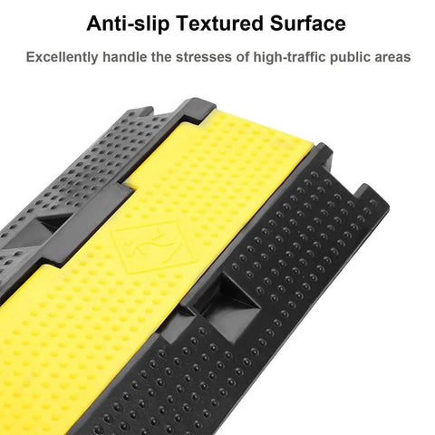 Three Pack Dual Channel Rubber Cable Protector Ramp for Driveways and Floors, anti-slip textured surface detail, yellow and black