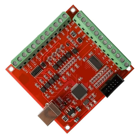USB 100Khz 4 Axis Motion Controller Card For Engravers Mills And Routers With USB Interface Breakout Board For Precise Engraving And Milling Slave Axis Support Sweet For DIY CNC Projects red PCB with screw terminals and USB port