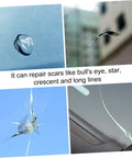 Quick Fix Windshield Crack Repair Kit For Cars showing repaired bull's eye, star, crescent, and line cracks on auto glass.