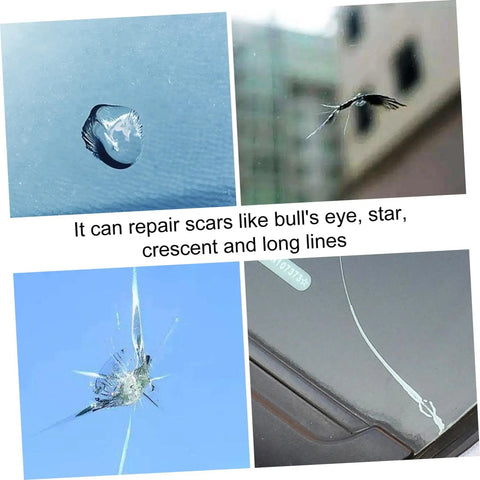 Quick Fix Windshield Crack Repair Kit For Cars showing repaired bull's eye, star, crescent, and line cracks on auto glass.