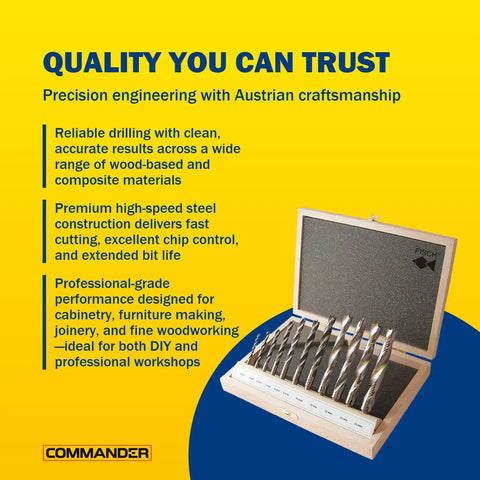 Professional Grade HSS Double Flute Brad Point Wood Drill Bit, 4 Mm X 55 Mm in a wooden case with information on precision engineering.